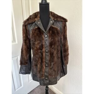 Vintage 70's REAL Mink Fur & Leather Brown Jacket Coat Sz Small